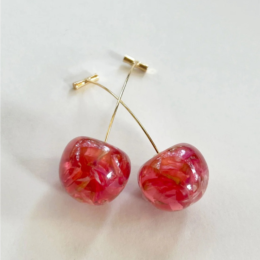 Pink and Gold Cherry Earrings